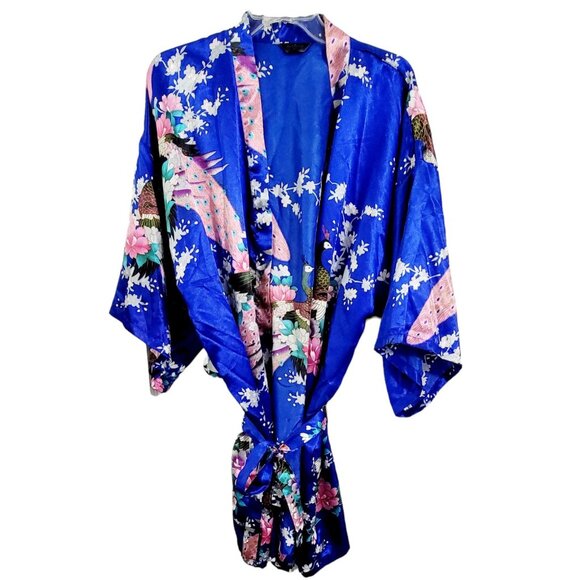 Avidlove Womens‎ Blue Floral Peacock Kimono Style Robe Tie Waist Size XL - Picture 1 of 7